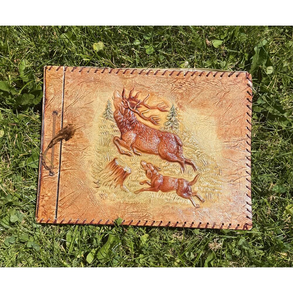 Vintage Leather Photo Album Embossed Elk Hunting Dog Scrapbook Cabin Lodge Decor